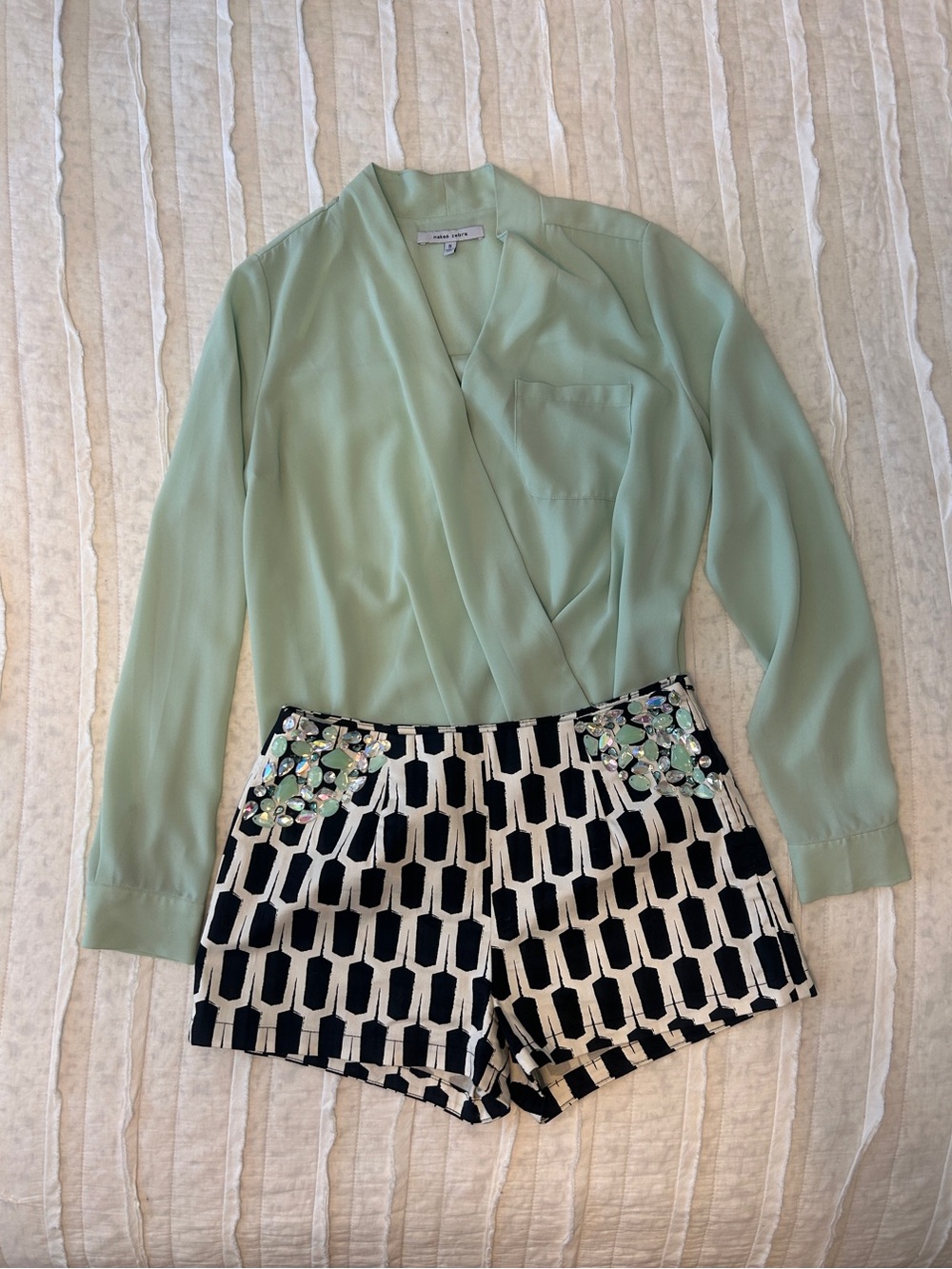 Naked Zebra Mint Green Wrap-Front Blouse and Shorts